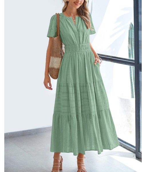 BTFBM Womens Summer 2025 Casual Midi Maxi Dresses Lightweight Short Sleeve V Neck Elastic Waist Boho Beach Dress Pockets