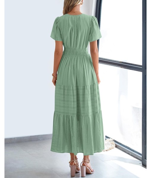 BTFBM Womens Summer 2025 Casual Midi Maxi Dresses Lightweight Short Sleeve V Neck Elastic Waist Boho Beach Dress Pockets
