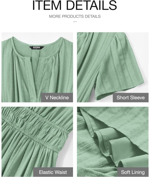 BTFBM Womens Summer 2025 Casual Midi Maxi Dresses Lightweight Short Sleeve V Neck Elastic Waist Boho Beach Dress Pockets