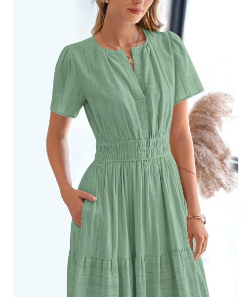 BTFBM Womens Summer 2025 Casual Midi Maxi Dresses Lightweight Short Sleeve V Neck Elastic Waist Boho Beach Dress Pockets