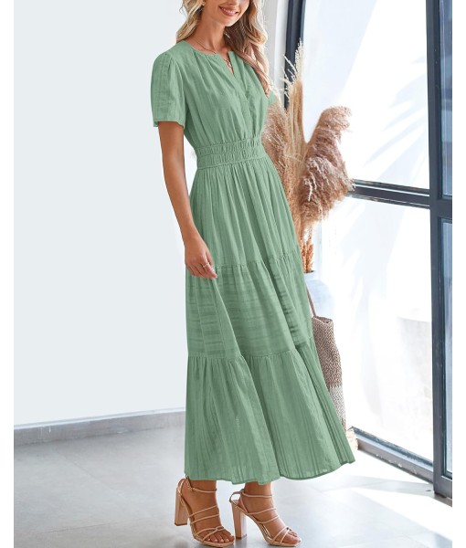 BTFBM Womens Summer 2025 Casual Midi Maxi Dresses Lightweight Short Sleeve V Neck Elastic Waist Boho Beach Dress Pockets