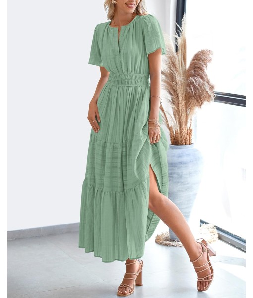 BTFBM Womens Summer 2025 Casual Midi Maxi Dresses Lightweight Short Sleeve V Neck Elastic Waist Boho Beach Dress Pockets