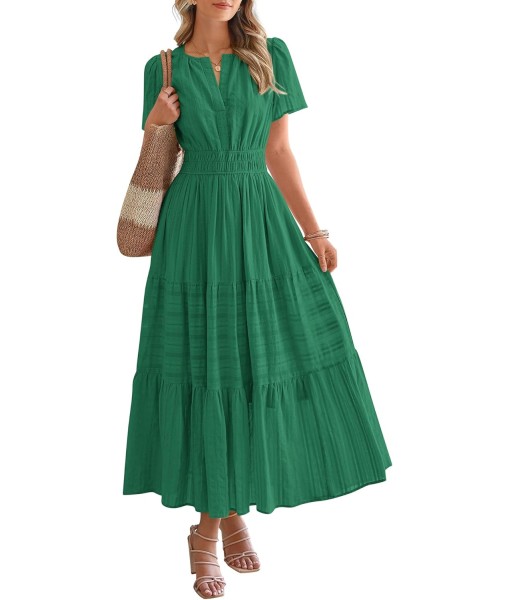 BTFBM Womens Summer 2025 Casual Midi Maxi Dresses Lightweight Short Sleeve V Neck Elastic Waist Boho Beach Dress Pockets