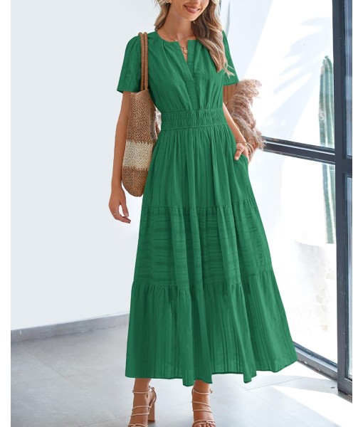 BTFBM Womens Summer 2025 Casual Midi Maxi Dresses Lightweight Short Sleeve V Neck Elastic Waist Boho Beach Dress Pockets