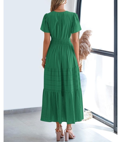 BTFBM Womens Summer 2025 Casual Midi Maxi Dresses Lightweight Short Sleeve V Neck Elastic Waist Boho Beach Dress Pockets