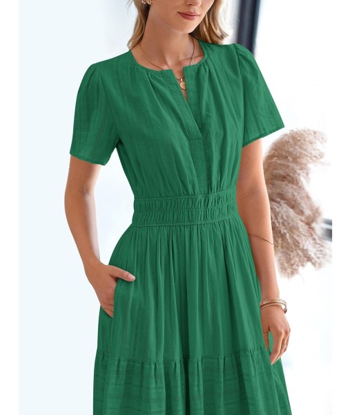 BTFBM Womens Summer 2025 Casual Midi Maxi Dresses Lightweight Short Sleeve V Neck Elastic Waist Boho Beach Dress Pockets