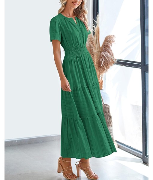 BTFBM Womens Summer 2025 Casual Midi Maxi Dresses Lightweight Short Sleeve V Neck Elastic Waist Boho Beach Dress Pockets