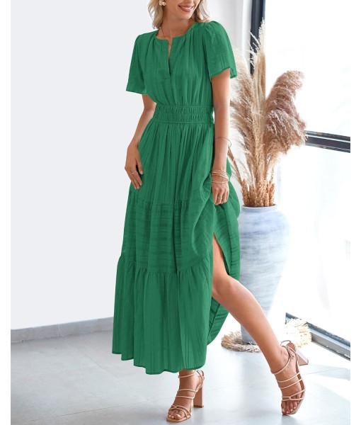 BTFBM Womens Summer 2025 Casual Midi Maxi Dresses Lightweight Short Sleeve V Neck Elastic Waist Boho Beach Dress Pockets