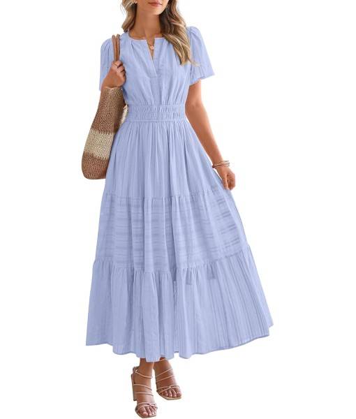 BTFBM Womens Summer 2025 Casual Midi Maxi Dresses Lightweight Short Sleeve V Neck Elastic Waist Boho Beach Dress Pockets