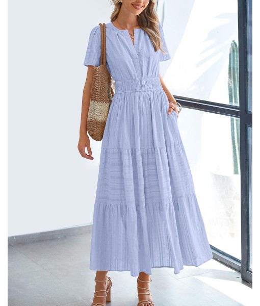 BTFBM Womens Summer 2025 Casual Midi Maxi Dresses Lightweight Short Sleeve V Neck Elastic Waist Boho Beach Dress Pockets