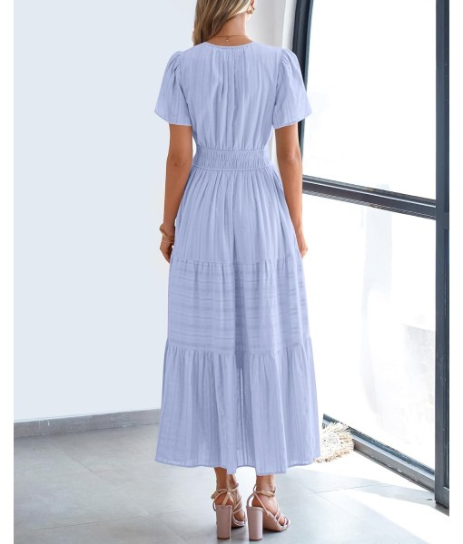 BTFBM Womens Summer 2025 Casual Midi Maxi Dresses Lightweight Short Sleeve V Neck Elastic Waist Boho Beach Dress Pockets