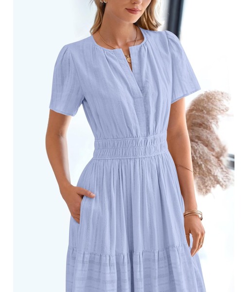 BTFBM Womens Summer 2025 Casual Midi Maxi Dresses Lightweight Short Sleeve V Neck Elastic Waist Boho Beach Dress Pockets