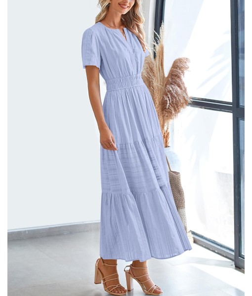 BTFBM Womens Summer 2025 Casual Midi Maxi Dresses Lightweight Short Sleeve V Neck Elastic Waist Boho Beach Dress Pockets