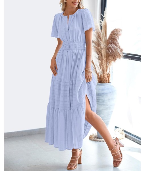 BTFBM Womens Summer 2025 Casual Midi Maxi Dresses Lightweight Short Sleeve V Neck Elastic Waist Boho Beach Dress Pockets