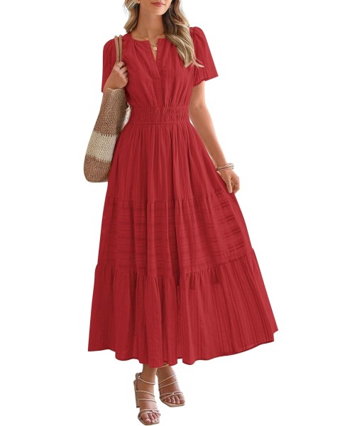 BTFBM Womens Summer 2025 Casual Midi Maxi Dresses Lightweight Short Sleeve V Neck Elastic Waist Boho Beach Dress Pockets
