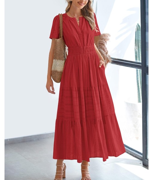 BTFBM Womens Summer 2025 Casual Midi Maxi Dresses Lightweight Short Sleeve V Neck Elastic Waist Boho Beach Dress Pockets