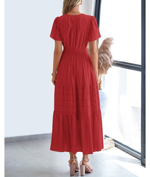 BTFBM Womens Summer 2025 Casual Midi Maxi Dresses Lightweight Short Sleeve V Neck Elastic Waist Boho Beach Dress Pockets