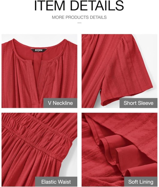 BTFBM Womens Summer 2025 Casual Midi Maxi Dresses Lightweight Short Sleeve V Neck Elastic Waist Boho Beach Dress Pockets