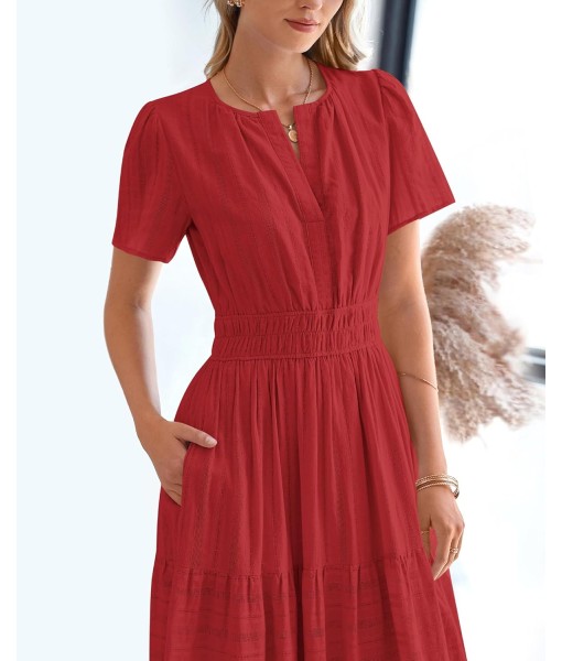 BTFBM Womens Summer 2025 Casual Midi Maxi Dresses Lightweight Short Sleeve V Neck Elastic Waist Boho Beach Dress Pockets