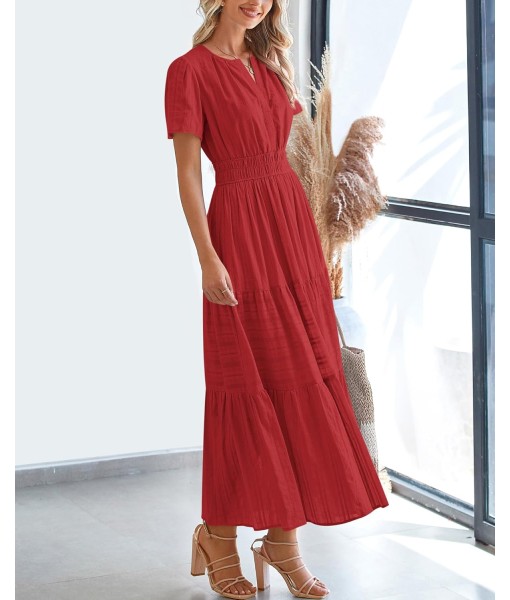BTFBM Womens Summer 2025 Casual Midi Maxi Dresses Lightweight Short Sleeve V Neck Elastic Waist Boho Beach Dress Pockets