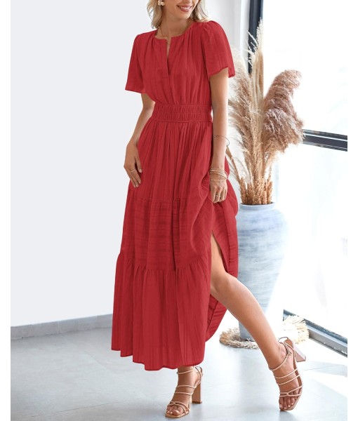 BTFBM Womens Summer 2025 Casual Midi Maxi Dresses Lightweight Short Sleeve V Neck Elastic Waist Boho Beach Dress Pockets