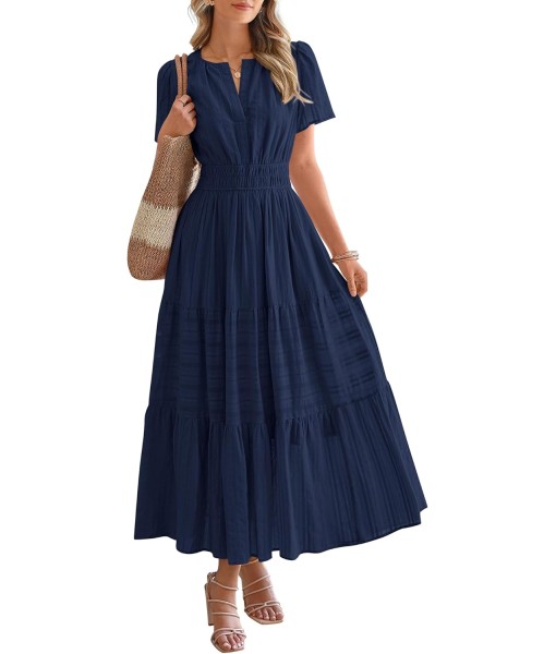BTFBM Womens Summer 2025 Casual Midi Maxi Dresses Lightweight Short Sleeve V Neck Elastic Waist Boho Beach Dress Pockets