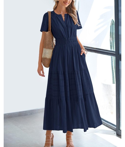 BTFBM Womens Summer 2025 Casual Midi Maxi Dresses Lightweight Short Sleeve V Neck Elastic Waist Boho Beach Dress Pockets