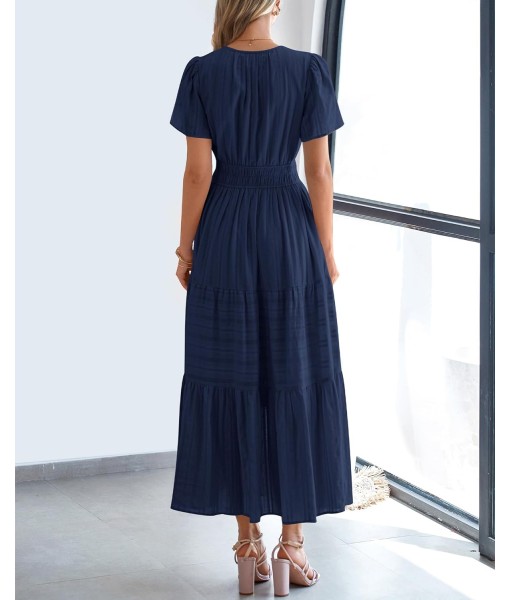 BTFBM Womens Summer 2025 Casual Midi Maxi Dresses Lightweight Short Sleeve V Neck Elastic Waist Boho Beach Dress Pockets