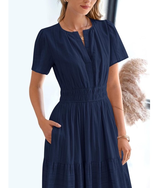 BTFBM Womens Summer 2025 Casual Midi Maxi Dresses Lightweight Short Sleeve V Neck Elastic Waist Boho Beach Dress Pockets