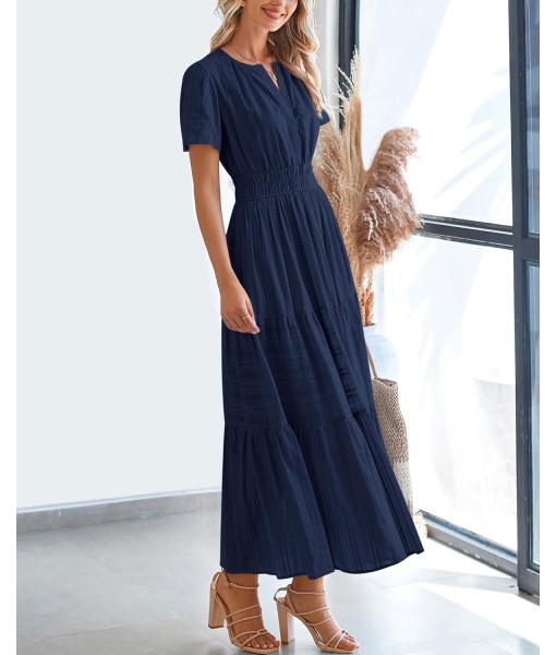 BTFBM Womens Summer 2025 Casual Midi Maxi Dresses Lightweight Short Sleeve V Neck Elastic Waist Boho Beach Dress Pockets