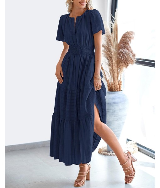 BTFBM Womens Summer 2025 Casual Midi Maxi Dresses Lightweight Short Sleeve V Neck Elastic Waist Boho Beach Dress Pockets