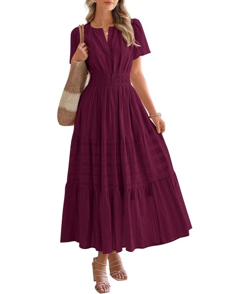 BTFBM Womens Summer 2025 Casual Midi Maxi Dresses Lightweight Short Sleeve V Neck Elastic Waist Boho Beach Dress Pockets