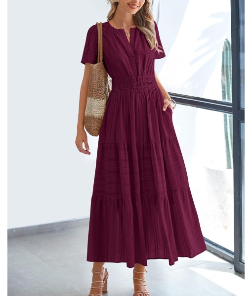 BTFBM Womens Summer 2025 Casual Midi Maxi Dresses Lightweight Short Sleeve V Neck Elastic Waist Boho Beach Dress Pockets