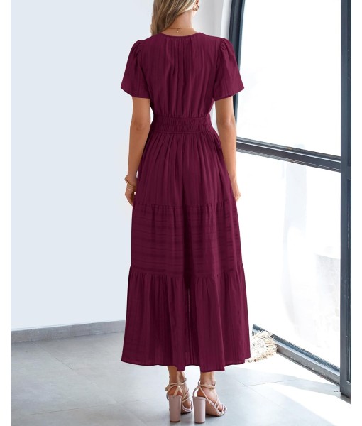 BTFBM Womens Summer 2025 Casual Midi Maxi Dresses Lightweight Short Sleeve V Neck Elastic Waist Boho Beach Dress Pockets