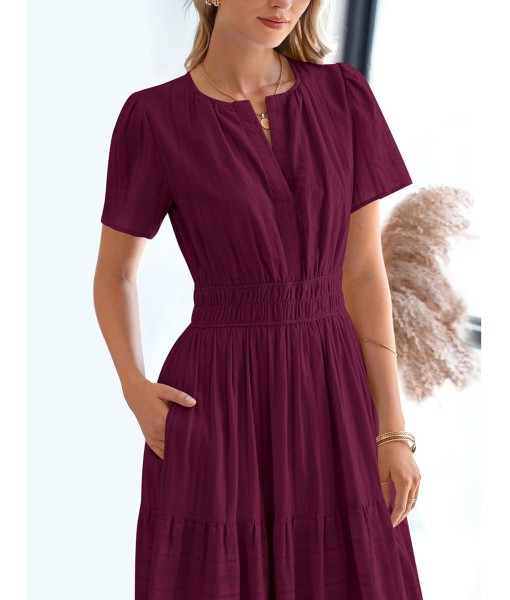 BTFBM Womens Summer 2025 Casual Midi Maxi Dresses Lightweight Short Sleeve V Neck Elastic Waist Boho Beach Dress Pockets