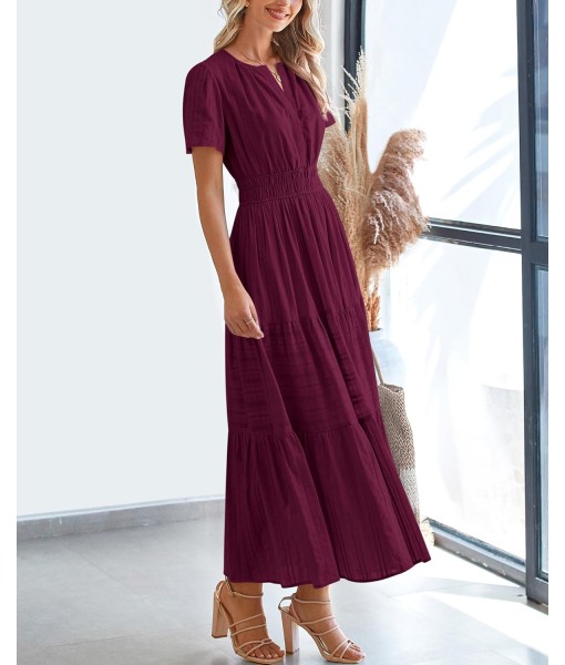 BTFBM Womens Summer 2025 Casual Midi Maxi Dresses Lightweight Short Sleeve V Neck Elastic Waist Boho Beach Dress Pockets
