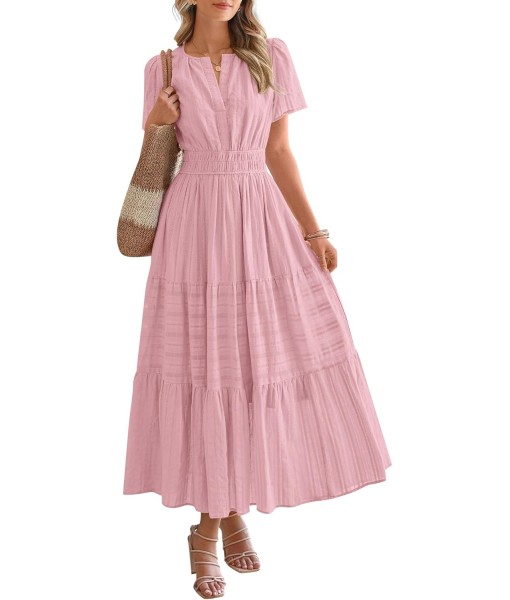 BTFBM Womens Summer 2025 Casual Midi Maxi Dresses Lightweight Short Sleeve V Neck Elastic Waist Boho Beach Dress Pockets