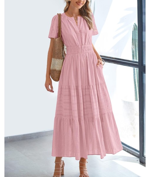 BTFBM Womens Summer 2025 Casual Midi Maxi Dresses Lightweight Short Sleeve V Neck Elastic Waist Boho Beach Dress Pockets