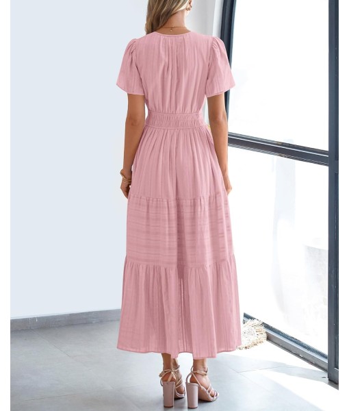BTFBM Womens Summer 2025 Casual Midi Maxi Dresses Lightweight Short Sleeve V Neck Elastic Waist Boho Beach Dress Pockets