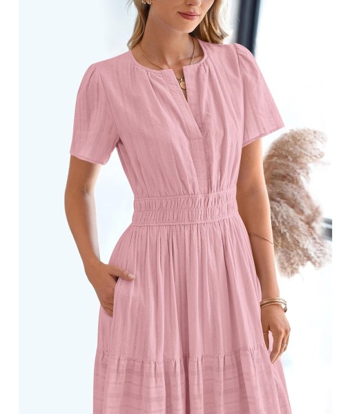 BTFBM Womens Summer 2025 Casual Midi Maxi Dresses Lightweight Short Sleeve V Neck Elastic Waist Boho Beach Dress Pockets