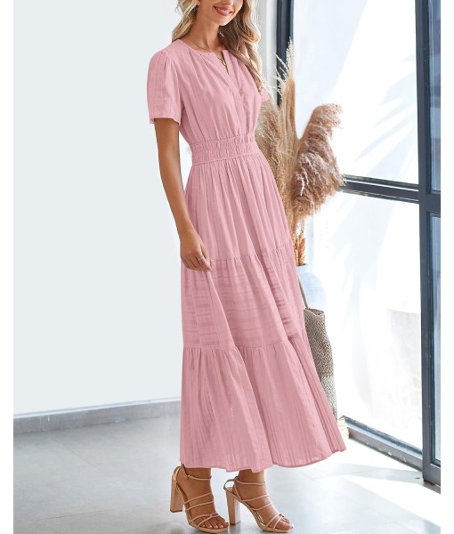 BTFBM Womens Summer 2025 Casual Midi Maxi Dresses Lightweight Short Sleeve V Neck Elastic Waist Boho Beach Dress Pockets