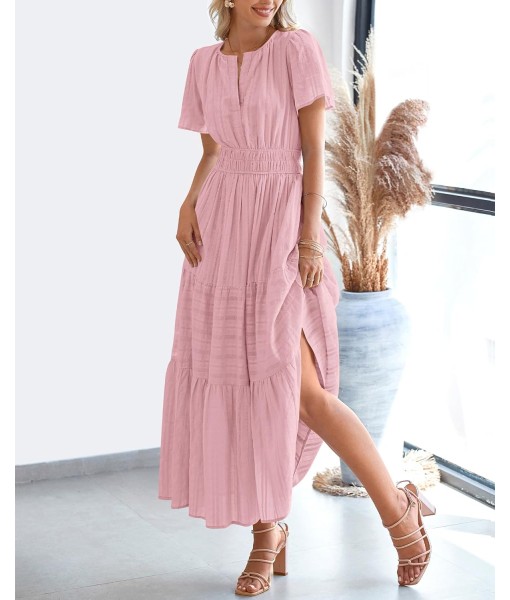 BTFBM Womens Summer 2025 Casual Midi Maxi Dresses Lightweight Short Sleeve V Neck Elastic Waist Boho Beach Dress Pockets