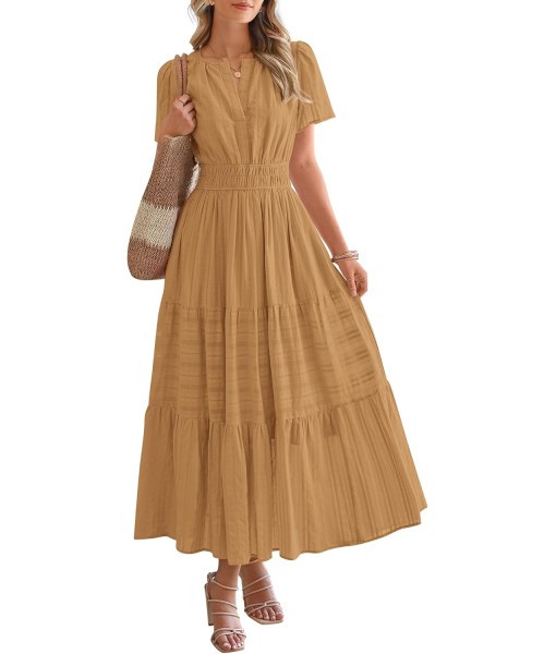 BTFBM Womens Summer 2025 Casual Midi Maxi Dresses Lightweight Short Sleeve V Neck Elastic Waist Boho Beach Dress Pockets