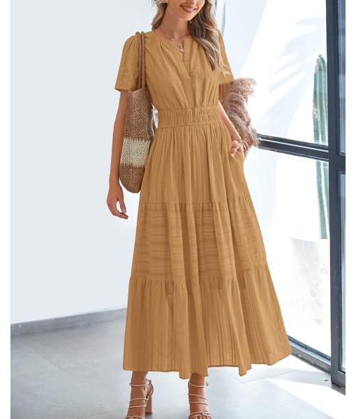BTFBM Womens Summer 2025 Casual Midi Maxi Dresses Lightweight Short Sleeve V Neck Elastic Waist Boho Beach Dress Pockets