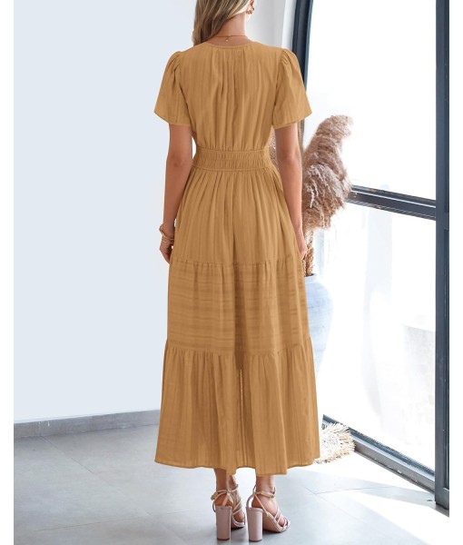 BTFBM Womens Summer 2025 Casual Midi Maxi Dresses Lightweight Short Sleeve V Neck Elastic Waist Boho Beach Dress Pockets