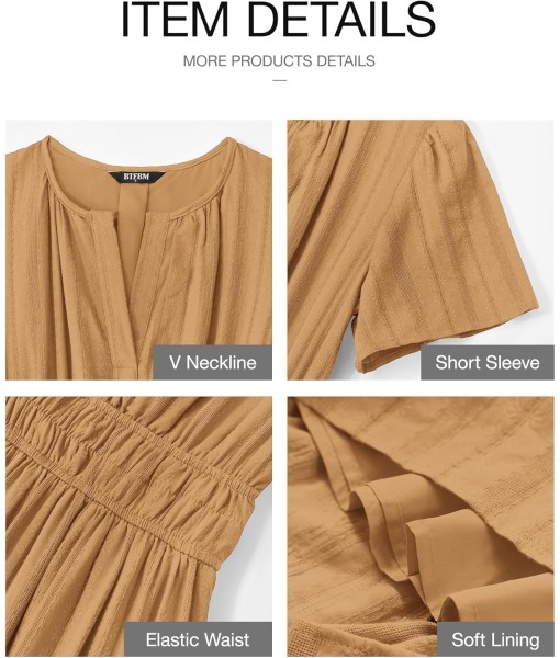 BTFBM Womens Summer 2025 Casual Midi Maxi Dresses Lightweight Short Sleeve V Neck Elastic Waist Boho Beach Dress Pockets