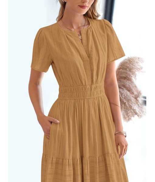 BTFBM Womens Summer 2025 Casual Midi Maxi Dresses Lightweight Short Sleeve V Neck Elastic Waist Boho Beach Dress Pockets