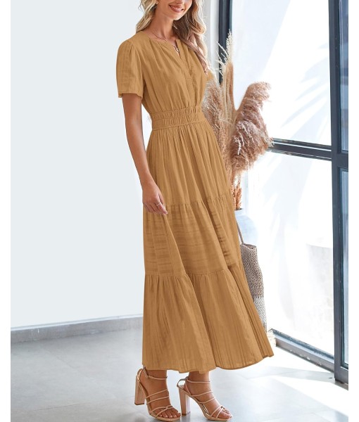 BTFBM Womens Summer 2025 Casual Midi Maxi Dresses Lightweight Short Sleeve V Neck Elastic Waist Boho Beach Dress Pockets