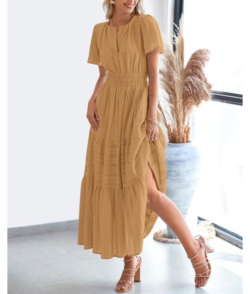 BTFBM Womens Summer 2025 Casual Midi Maxi Dresses Lightweight Short Sleeve V Neck Elastic Waist Boho Beach Dress Pockets