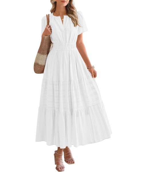 BTFBM Womens Summer 2025 Casual Midi Maxi Dresses Lightweight Short Sleeve V Neck Elastic Waist Boho Beach Dress Pockets
